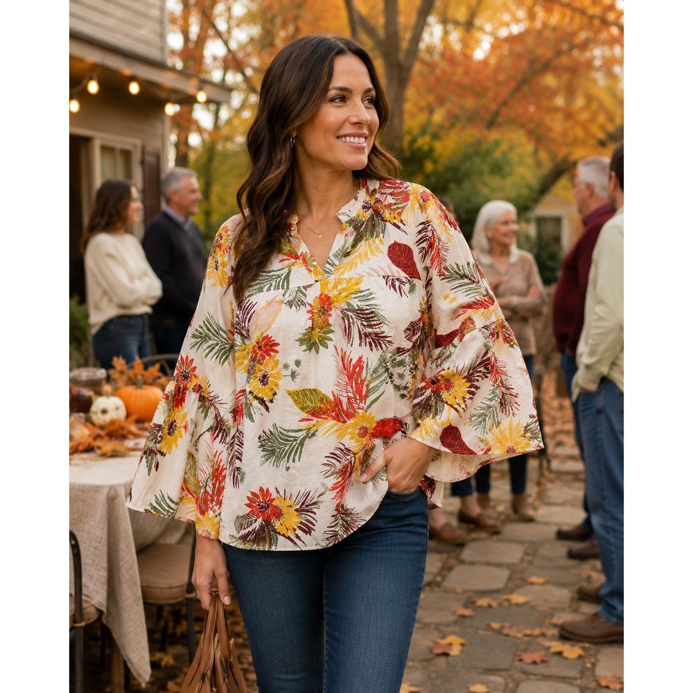 Counterparts Tropical Floral Bell Sleeve Blouse XL New Leaf White NWT